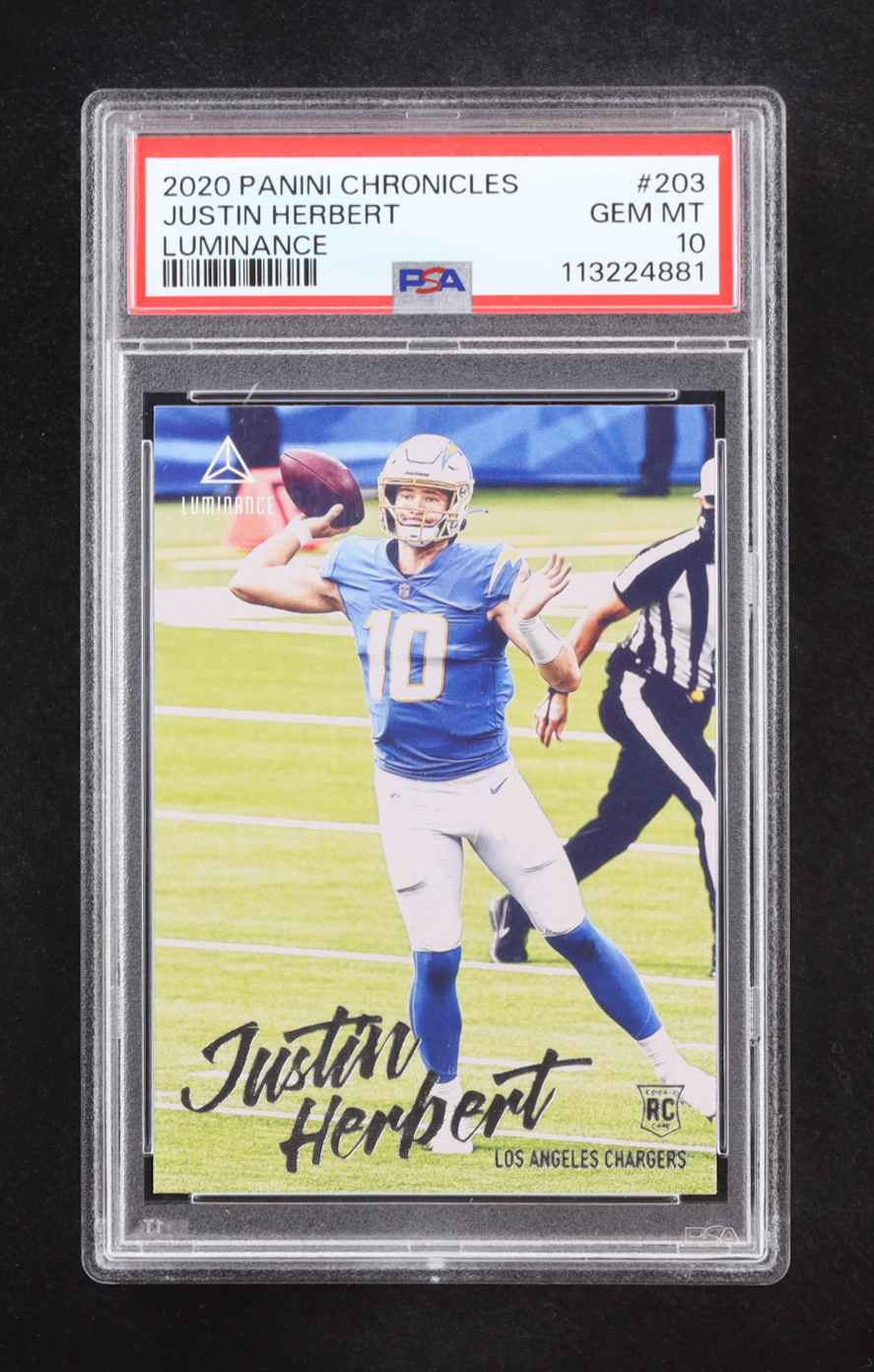Justin Herbert 2020 Panini Chronicles Luminance #203 RC (PSA 10) at PristineAuction.com Justin Herbert 2020 Panini Chronicles Luminance #203 RC (PSA 10) at PristineAuction.com