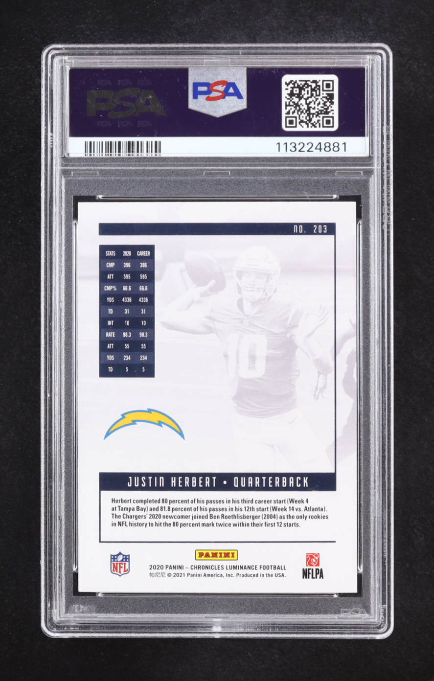 Justin Herbert 2020 Panini Chronicles Luminance #203 RC (PSA 10) at PristineAuction.com Justin Herbert 2020 Panini Chronicles Luminance #203 RC (PSA 10) at PristineAuction.com