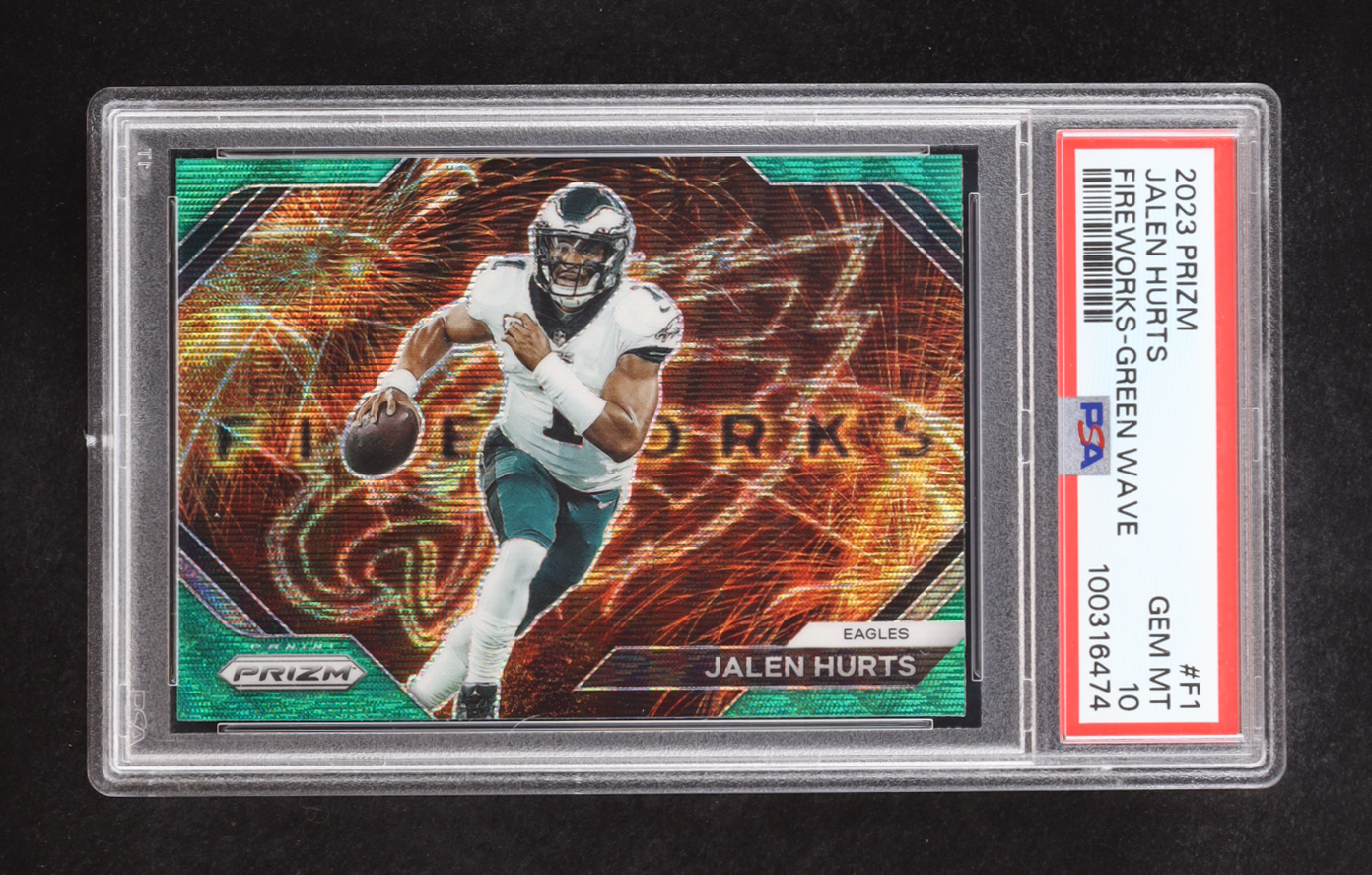 Jalen Hurts 2023 Panini Prizm Fireworks Prizms Green Wave #1 (PSA 10) at PristineAuction.com Jalen Hurts 2023 Panini Prizm Fireworks Prizms Green Wave #1 (PSA 10) at PristineAuction.com