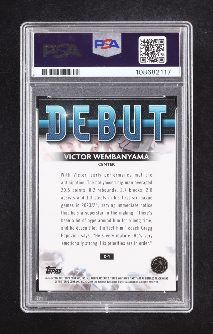 Victor Wembanyama 2023-24 Finest Debut #D1 RC (PSA 9) at PristineAuction.com Victor Wembanyama 2023-24 Finest Debut #D1 RC (PSA 9) at PristineAuction.com