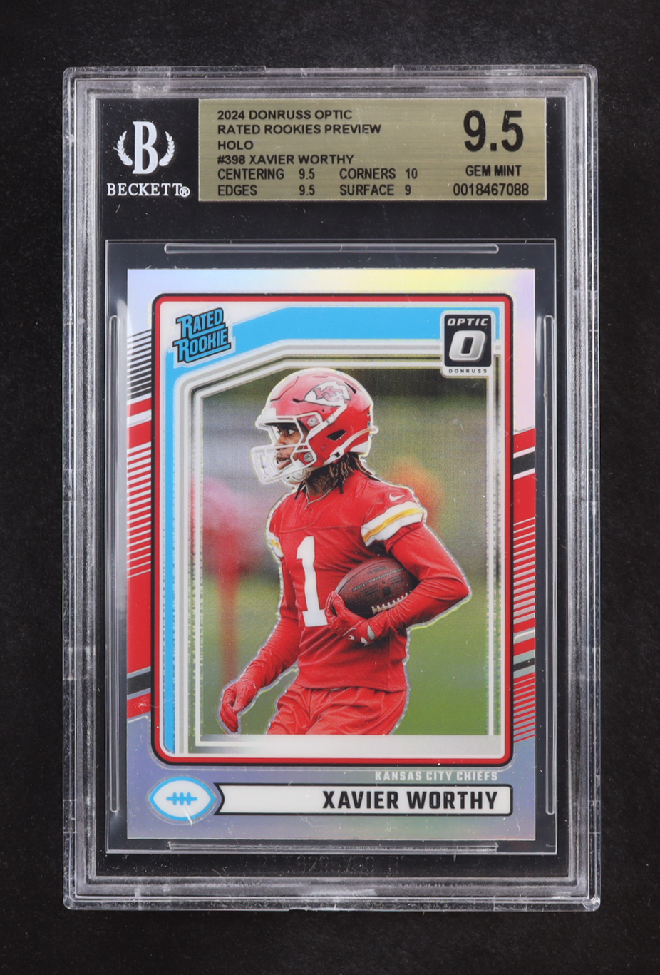 Xavier Worthy 2024 Donruss Optic Rated Rookies Preview Holo #398 RC (BGS 9.5) at PristineAuction.com Xavier Worthy 2024 Donruss Optic Rated Rookies Preview Holo #398 RC (BGS 9.5) at PristineAuction.com