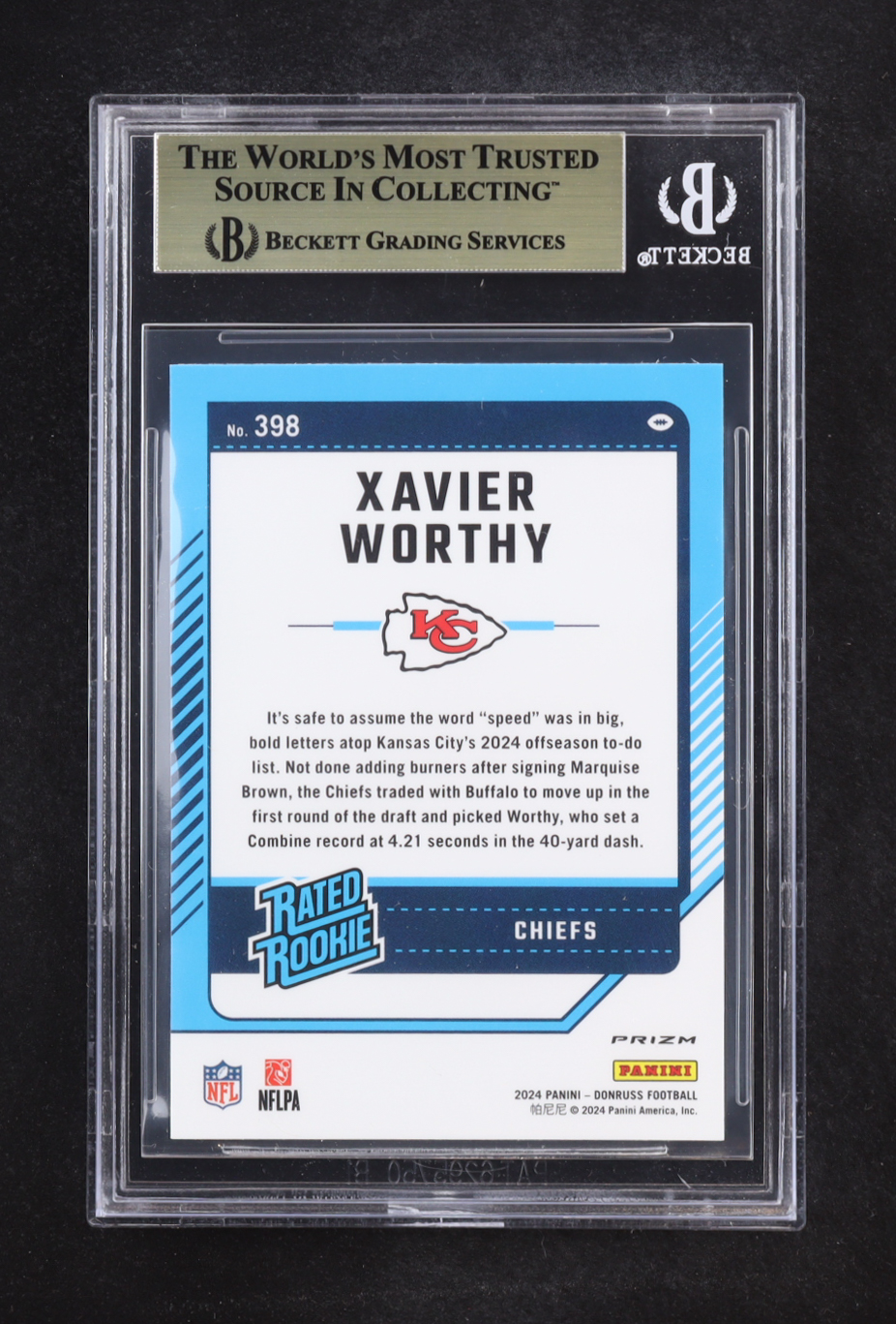 Xavier Worthy 2024 Donruss Optic Rated Rookies Preview Holo #398 RC (BGS 9.5) at PristineAuction.com Xavier Worthy 2024 Donruss Optic Rated Rookies Preview Holo #398 RC (BGS 9.5) at PristineAuction.com