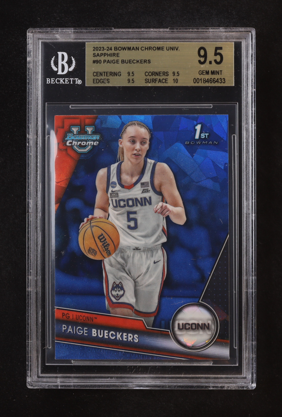 Paige Bueckers 2023-24 Bowman Chrome University Sapphire #90 RC (BGS 9.5) at PristineAuction.com Paige Bueckers 2023-24 Bowman Chrome University Sapphire #90 RC (BGS 9.5) at PristineAuction.com