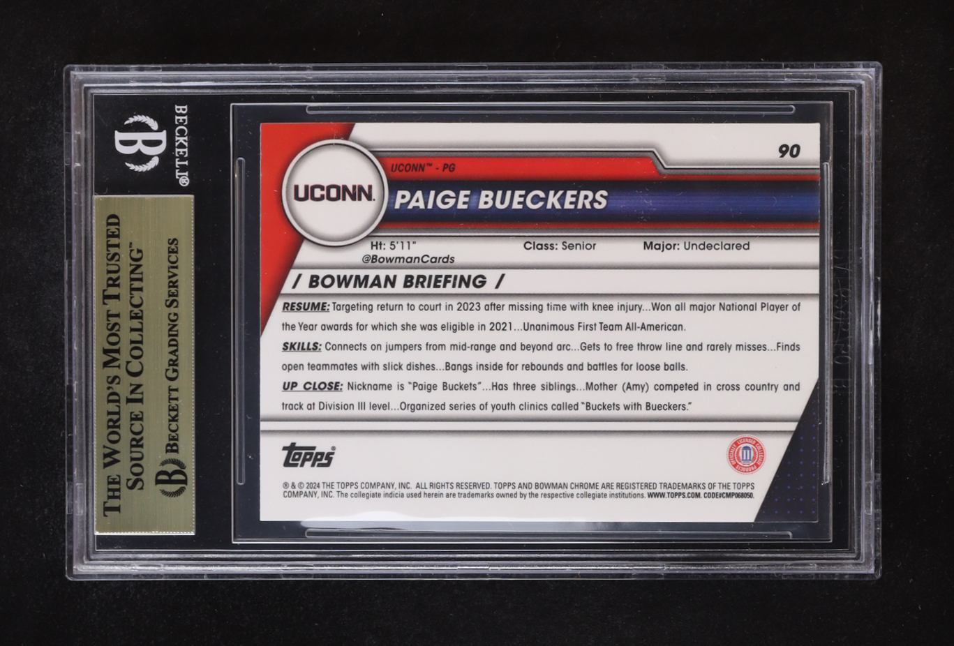 Paige Bueckers 2023-24 Bowman Chrome University Sapphire #90 RC (BGS 9.5) at PristineAuction.com Paige Bueckers 2023-24 Bowman Chrome University Sapphire #90 RC (BGS 9.5) at PristineAuction.com