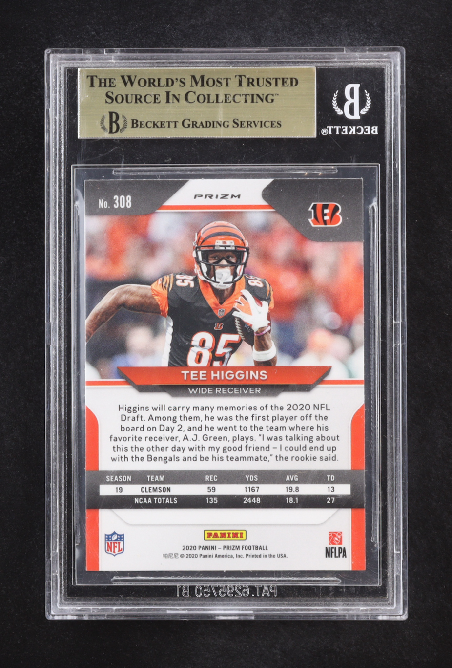 Tee Higgins 2020 Panini Prizm Prizms Orange Lazer #308 RC (BGS 9.5) at PristineAuction.com Tee Higgins 2020 Panini Prizm Prizms Orange Lazer #308 RC (BGS 9.5) at PristineAuction.com