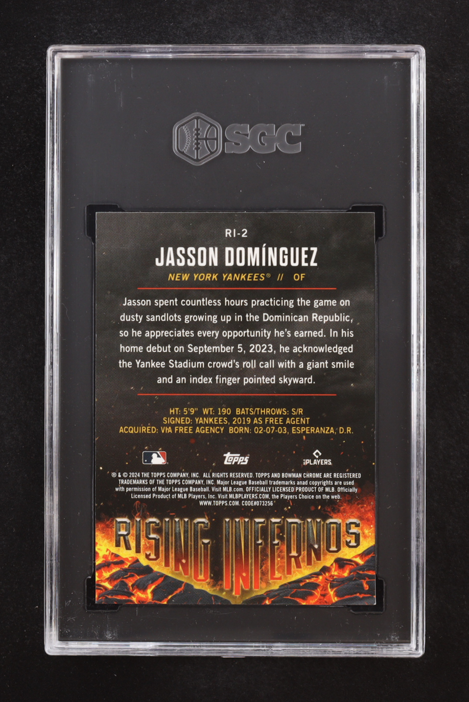 Jasson Dominguez 2024 Bowman Chrome Rising Infernos #RI2 RC (SGC 10) at PristineAuction.com Jasson Dominguez 2024 Bowman Chrome Rising Infernos #RI2 RC (SGC 10) at PristineAuction.com