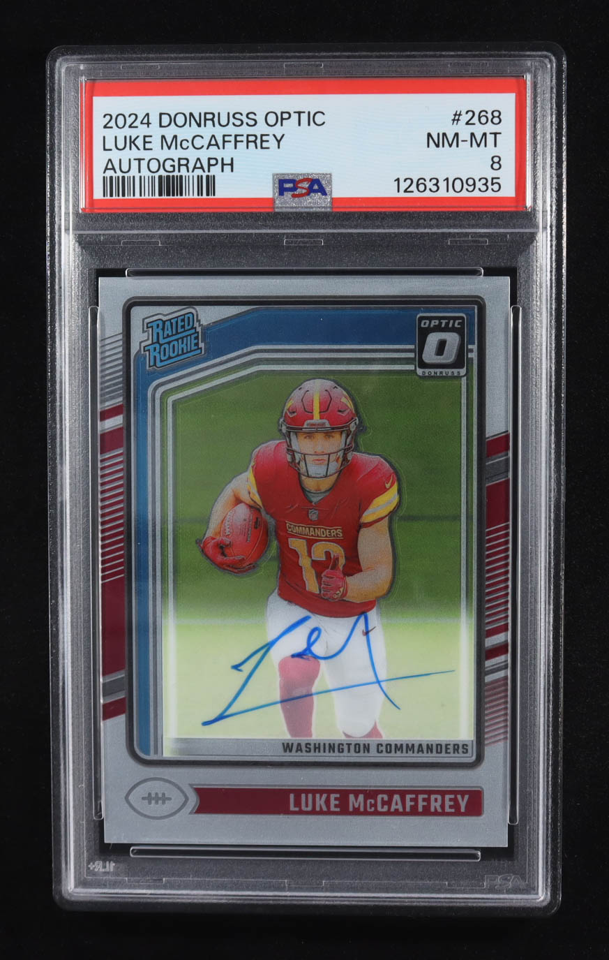 Luke McCaffrey 2024 Donruss Optic Rated Rookies RPS Autographs #268 #258/325 RC (PSA 8) at PristineAuction.com Luke McCaffrey 2024 Donruss Optic Rated Rookies RPS Autographs #268 #258/325 RC (PSA 8) at PristineAuction.com