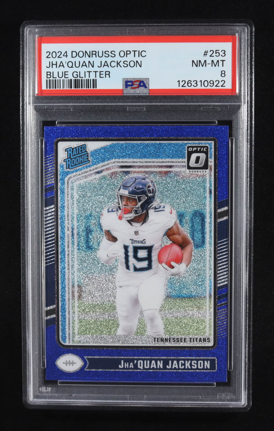 Jha'Quan Jackson 2024 Donruss Optic Blue Glitter #253 RR RC (PSA 8) at PristineAuction.com Jha'Quan Jackson 2024 Donruss Optic Blue Glitter #253 RR RC (PSA 8) at PristineAuction.com