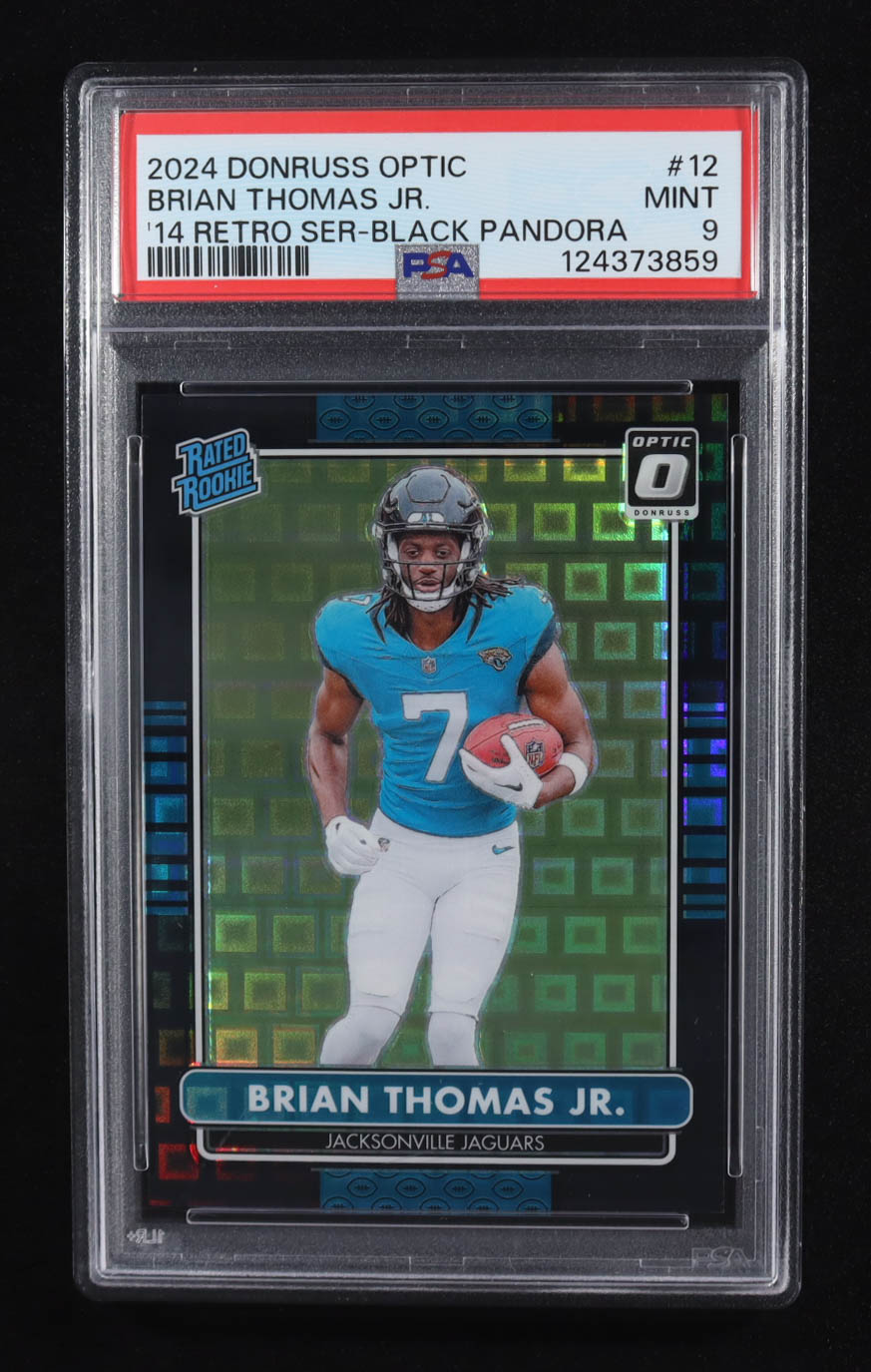Brian Thomas Jr. 2024 Donruss Optic '14 Retro Series Black Pandora #12 #13/25 RC (PSA 9) at PristineAuction.com Brian Thomas Jr. 2024 Donruss Optic '14 Retro Series Black Pandora #12 #13/25 RC (PSA 9) at PristineAuction.com