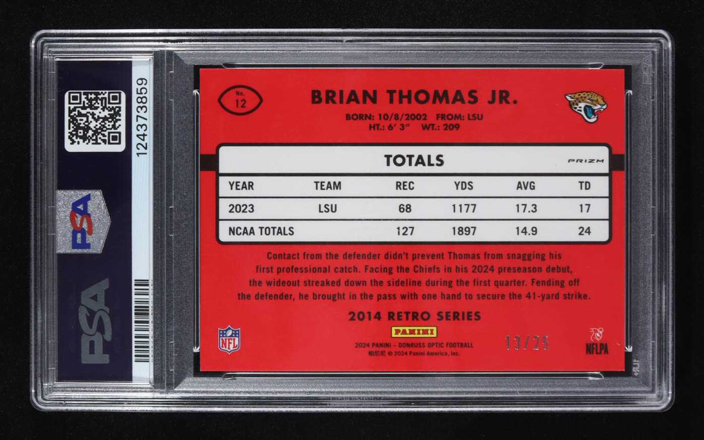 Brian Thomas Jr. 2024 Donruss Optic '14 Retro Series Black Pandora #12 #13/25 RC (PSA 9) at PristineAuction.com Brian Thomas Jr. 2024 Donruss Optic '14 Retro Series Black Pandora #12 #13/25 RC (PSA 9) at PristineAuction.com