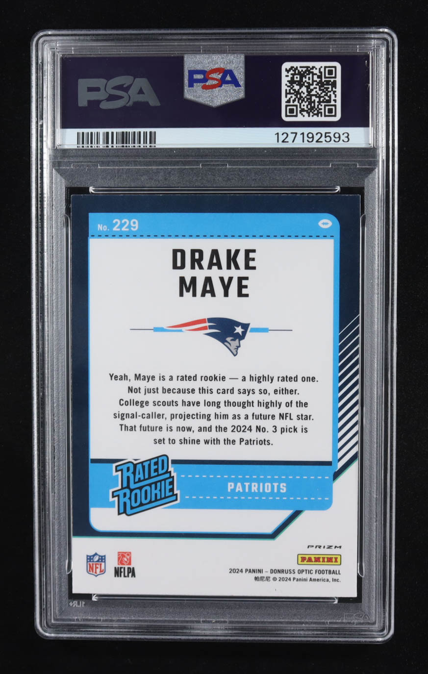 Drake Maye 2024 Donruss Optic Blue Hyper #229 RR RC (PSA 10) at PristineAuction.com Drake Maye 2024 Donruss Optic Blue Hyper #229 RR RC (PSA 10) at PristineAuction.com