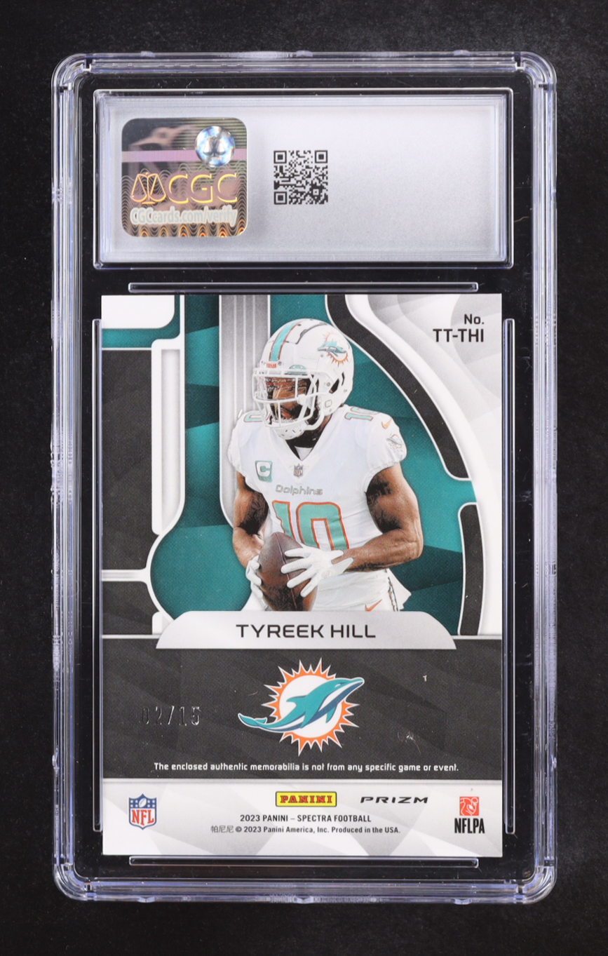 Tyreek Hill 2023 Panini Spectra Triple Threats Materials Neon Pink #17 #02/15 (CGC 9) at PristineAuction.com Tyreek Hill 2023 Panini Spectra Triple Threats Materials Neon Pink #17 #02/15 (CGC 9) at PristineAuction.com