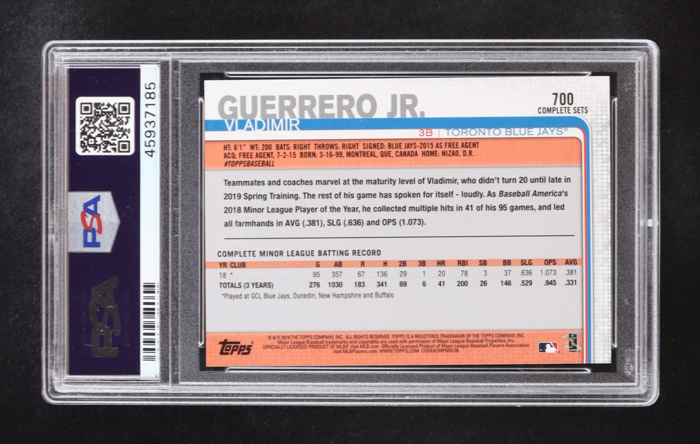 Vladimir Guerrero Jr. 2019 Topps Complete Set #700 RC Fielding (PSA 9) at PristineAuction.com Vladimir Guerrero Jr. 2019 Topps Complete Set #700 RC Fielding (PSA 9) at PristineAuction.com