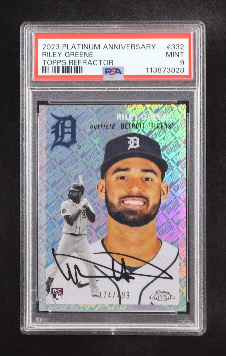 Riley Greene 2023 Topps Chrome Platinum Anniversary Topps Refractor #332 RC #374/499 (PSA 9) at PristineAuction.com Riley Greene 2023 Topps Chrome Platinum Anniversary Topps Refractor #332 RC #374/499 (PSA 9) at PristineAuction.com