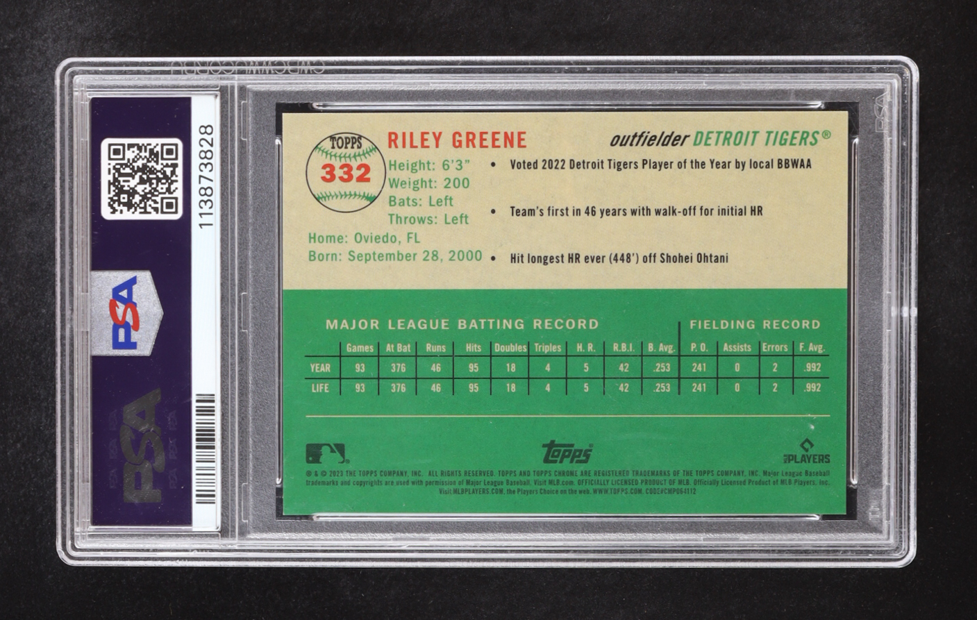 Riley Greene 2023 Topps Chrome Platinum Anniversary Topps Refractor #332 RC #374/499 (PSA 9) at PristineAuction.com Riley Greene 2023 Topps Chrome Platinum Anniversary Topps Refractor #332 RC #374/499 (PSA 9) at PristineAuction.com