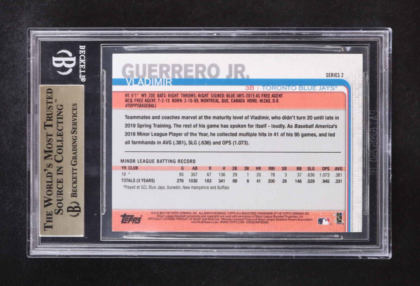 Vladimir Guerrero Jr. 2019 Topps #NNO SP RC (BGS 9.5) at PristineAuction.com Vladimir Guerrero Jr. 2019 Topps #NNO SP RC (BGS 9.5) at PristineAuction.com
