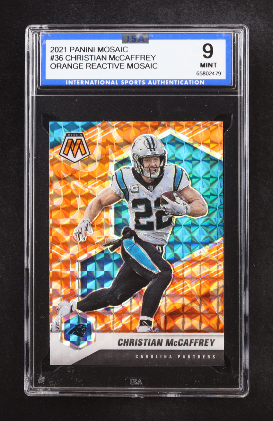 Christian McCaffrey 2021 Panini Mosaic Orange Reactive Mosaic #36 (ISA 9) at PristineAuction.com Christian McCaffrey 2021 Panini Mosaic Orange Reactive Mosaic #36 (ISA 9) at PristineAuction.com