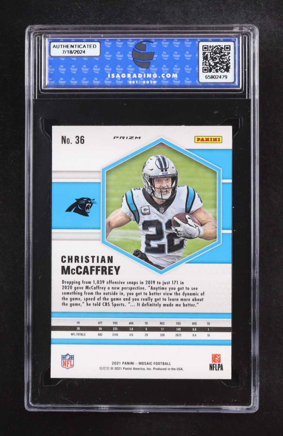 Christian McCaffrey 2021 Panini Mosaic Orange Reactive Mosaic #36 (ISA 9) at PristineAuction.com Christian McCaffrey 2021 Panini Mosaic Orange Reactive Mosaic #36 (ISA 9) at PristineAuction.com