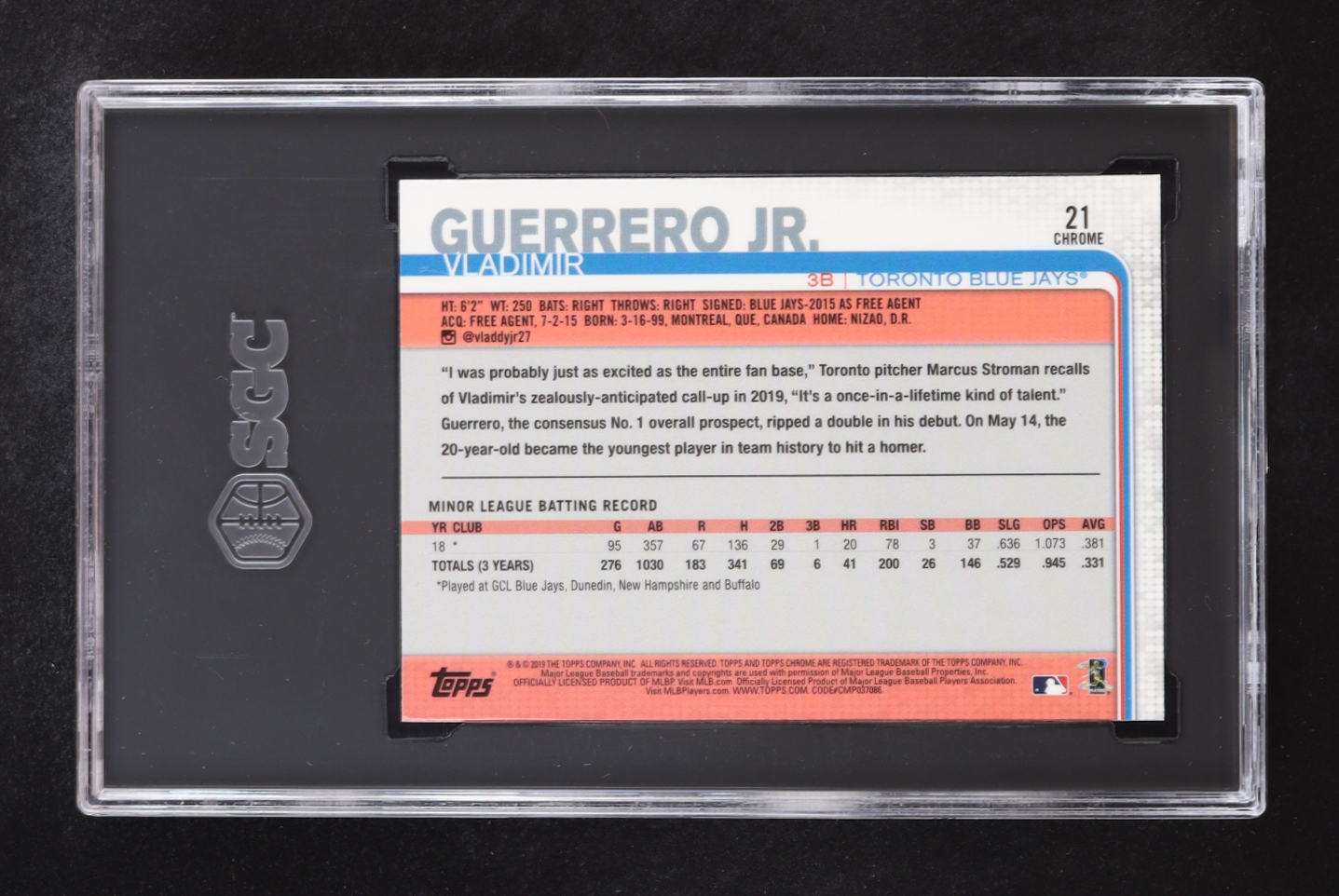 Vladimir Guerrero Jr. 2019 Topps Chrome Update #21 RC (SGC 10) at PristineAuction.com Vladimir Guerrero Jr. 2019 Topps Chrome Update #21 RC (SGC 10) at PristineAuction.com