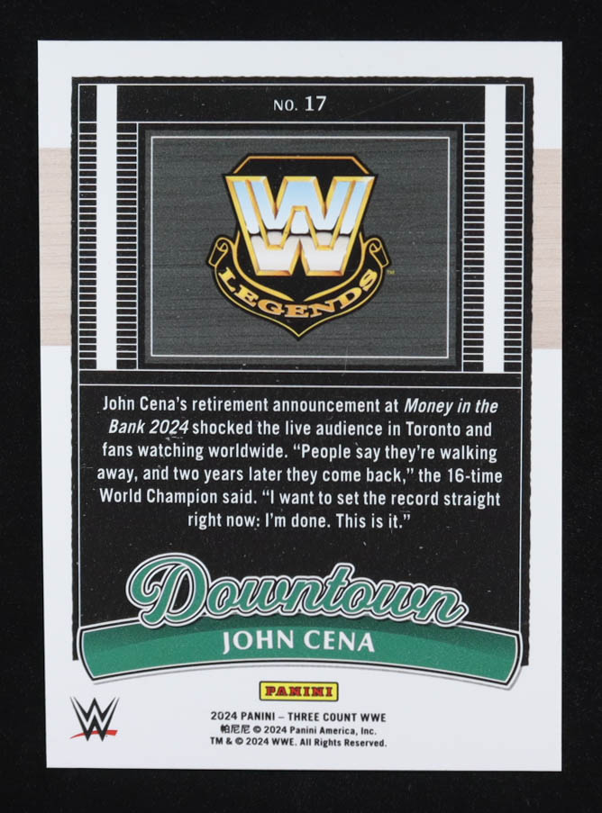 John Cena 2024 Panini Three Count WWE Downtown #17 at PristineAuction.com John Cena 2024 Panini Three Count WWE Downtown #17 at PristineAuction.com
