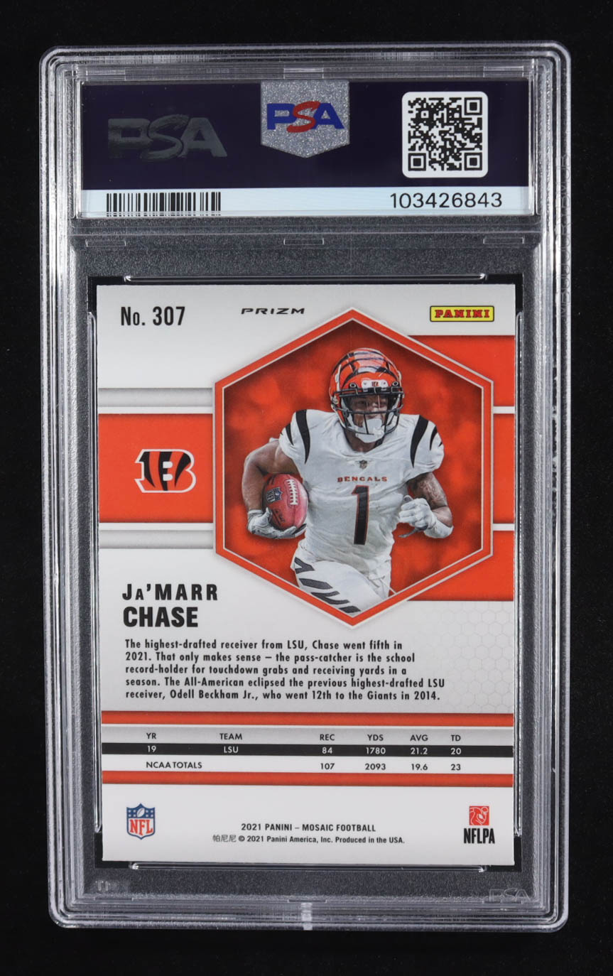 Ja'Marr Chase 2021 Panini Mosaic Reactive Orange #307 RC (PSA 9) at PristineAuction.com Ja'Marr Chase 2021 Panini Mosaic Reactive Orange #307 RC (PSA 9) at PristineAuction.com