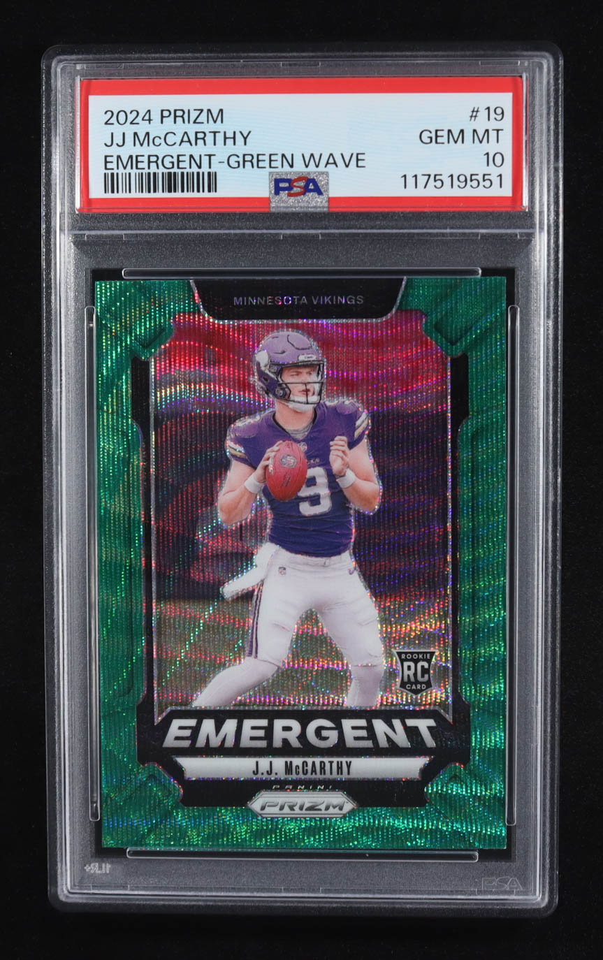 J.J. McCarthy 2024 Prizm Emergent Green Wave #19 (PSA 10) at PristineAuction.com J.J. McCarthy 2024 Prizm Emergent Green Wave #19 (PSA 10) at PristineAuction.com