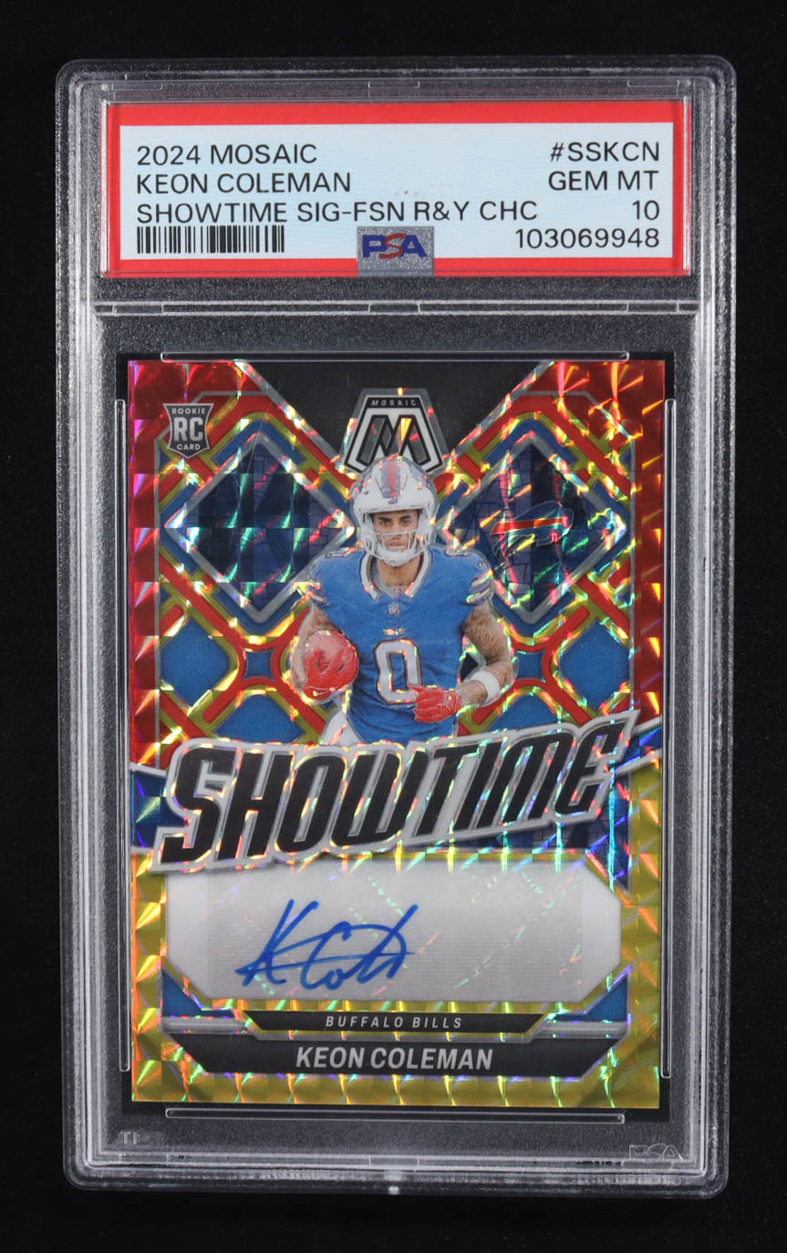 Keon Coleman 2024 Panini Mosaic Showtime Signatures Choice Fusion Red and Yellow #SSKCN RC (PSA 10) at PristineAuction.com Keon Coleman 2024 Panini Mosaic Showtime Signatures Choice Fusion Red and Yellow #SSKCN RC (PSA 10) at PristineAuction.com