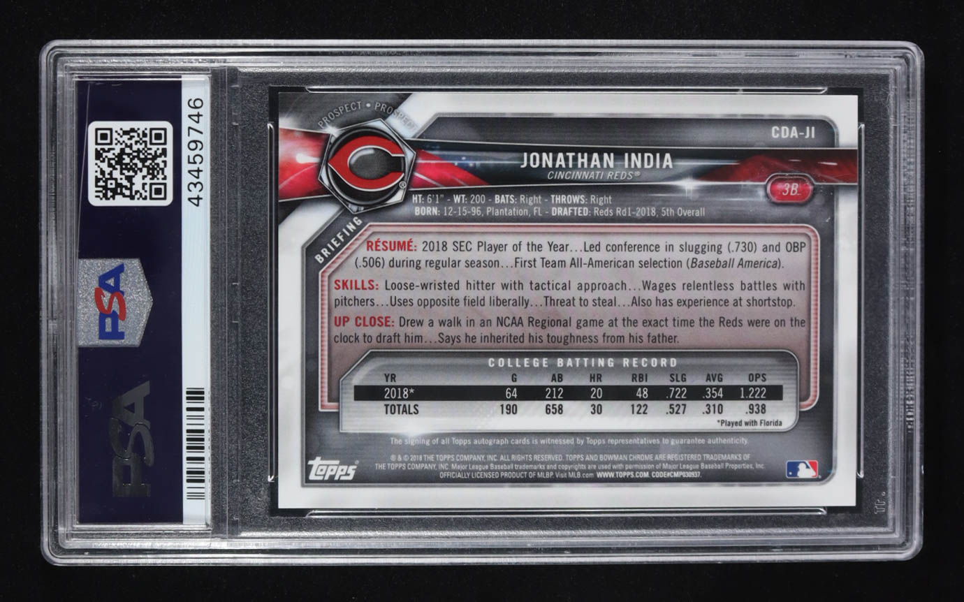 Jonathan India 2018 Bowman Chrome Draft Picks Autographs #CDAJI RC (PSA 9) at PristineAuction.com Jonathan India 2018 Bowman Chrome Draft Picks Autographs #CDAJI RC (PSA 9) at PristineAuction.com