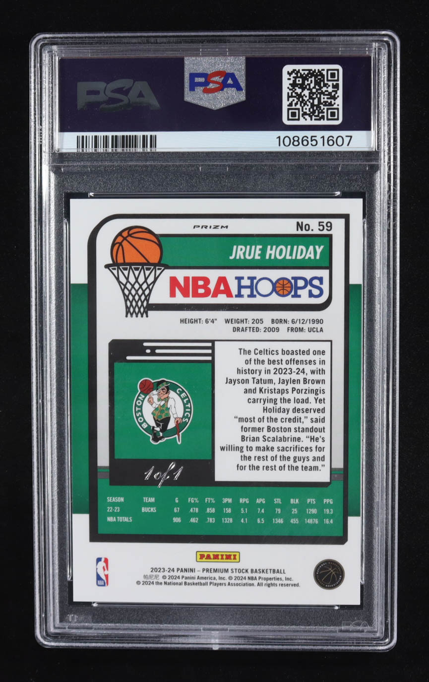 Jrue Holiday 2023 Panini Hoops Premium Stock Black Pulsar #59 #1/1 (PSA 10) at PristineAuction.com Jrue Holiday 2023 Panini Hoops Premium Stock Black Pulsar #59 #1/1 (PSA 10) at PristineAuction.com