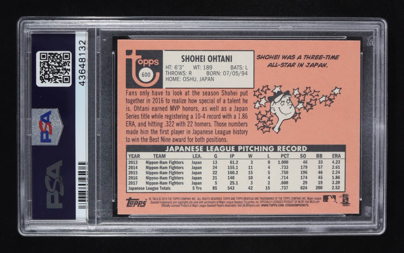 Shohei Ohtani 2018 Topps Heritage #600 RC (PSA 10) at PristineAuction.com Shohei Ohtani 2018 Topps Heritage #600 RC (PSA 10) at PristineAuction.com