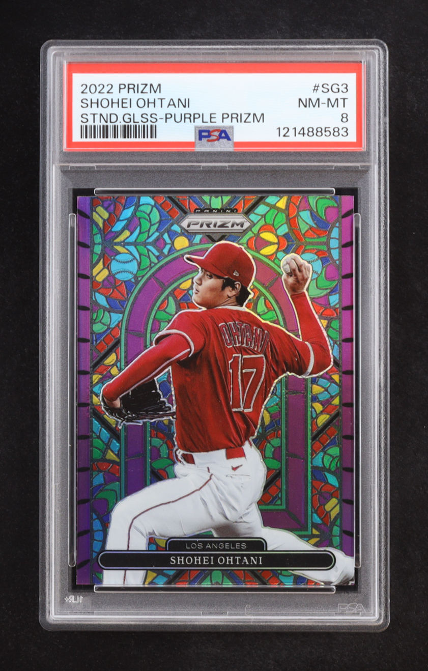 Shohei Ohtani 2022 Panini Prizm Stained Glass Purple Prizm #3 (PSA 8) at PristineAuction.com Shohei Ohtani 2022 Panini Prizm Stained Glass Purple Prizm #3 (PSA 8) at PristineAuction.com