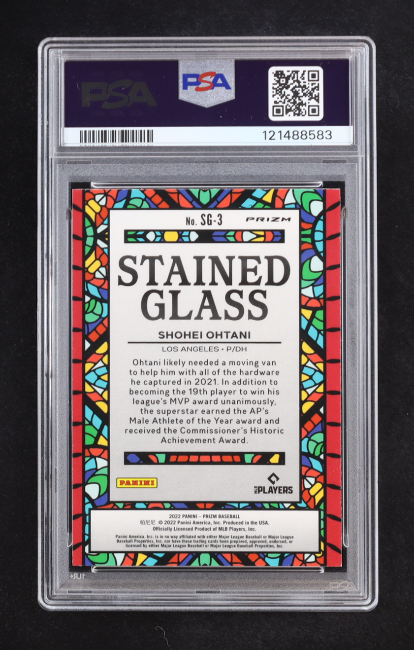 Shohei Ohtani 2022 Panini Prizm Stained Glass Purple Prizm #3 (PSA 8) at PristineAuction.com Shohei Ohtani 2022 Panini Prizm Stained Glass Purple Prizm #3 (PSA 8) at PristineAuction.com