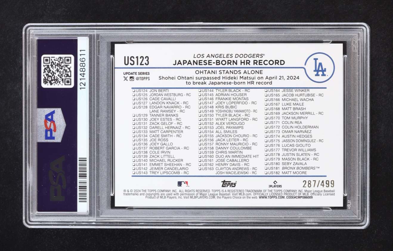 Shohei Ohtani 2024 Topps Update Green Crackle Foilboard #US123 #287/499 (PSA 10) at PristineAuction.com Shohei Ohtani 2024 Topps Update Green Crackle Foilboard #US123 #287/499 (PSA 10) at PristineAuction.com