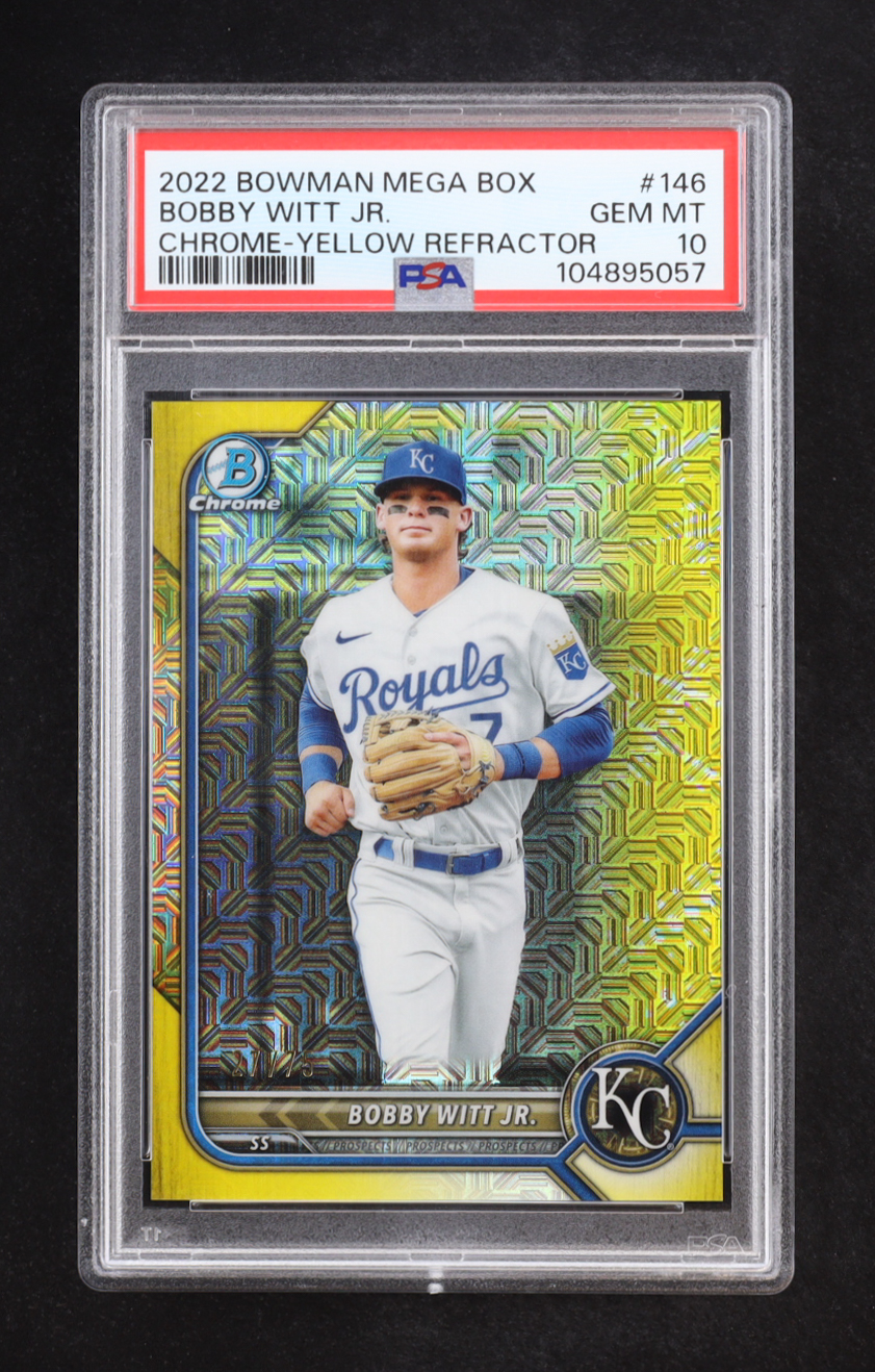 Bobby Witt Jr. 2022 Bowman Chrome Prospects Mega Box Yellow Refractor #146 RC #27/75 (PSA 10) at PristineAuction.com Bobby Witt Jr. 2022 Bowman Chrome Prospects Mega Box Yellow Refractor #146 RC #27/75 (PSA 10) at PristineAuction.com
