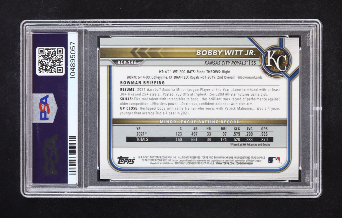 Bobby Witt Jr. 2022 Bowman Chrome Prospects Mega Box Yellow Refractor #146 RC #27/75 (PSA 10) at PristineAuction.com Bobby Witt Jr. 2022 Bowman Chrome Prospects Mega Box Yellow Refractor #146 RC #27/75 (PSA 10) at PristineAuction.com