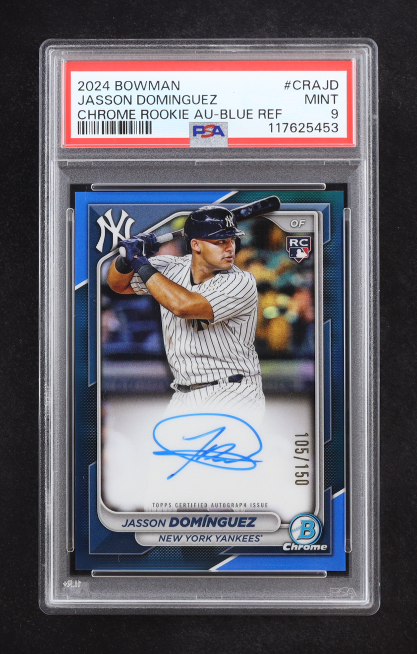 Jasson Dominguez 2024 Bowman Chrome Rookie Autographs Blue Refractor #17 RC #105/150 (PSA 9) at PristineAuction.com Jasson Dominguez 2024 Bowman Chrome Rookie Autographs Blue Refractor #17 RC #105/150 (PSA 9) at PristineAuction.com