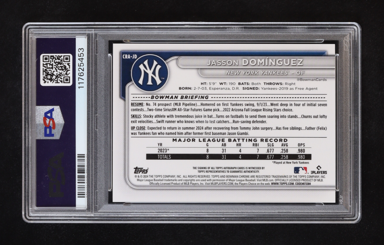 Jasson Dominguez 2024 Bowman Chrome Rookie Autographs Blue Refractor #17 RC #105/150 (PSA 9) at PristineAuction.com Jasson Dominguez 2024 Bowman Chrome Rookie Autographs Blue Refractor #17 RC #105/150 (PSA 9) at PristineAuction.com