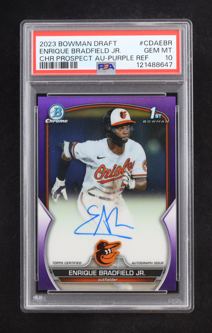 Enrique Bradfield Jr. 2023 Bowman Chrome Draft Prospect Autograph Purple Refractor #CDAEBR RC #77/250 (PSA 10) at PristineAuction.com Enrique Bradfield Jr. 2023 Bowman Chrome Draft Prospect Autograph Purple Refractor #CDAEBR RC #77/250 (PSA 10) at PristineAuction.com