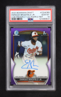 Enrique Bradfield Jr. 2023 Bowman Chrome Draft Prospect Autograph Purple Refractor #CDAEBR RC #77/250 (PSA 10) at PristineAuction.com