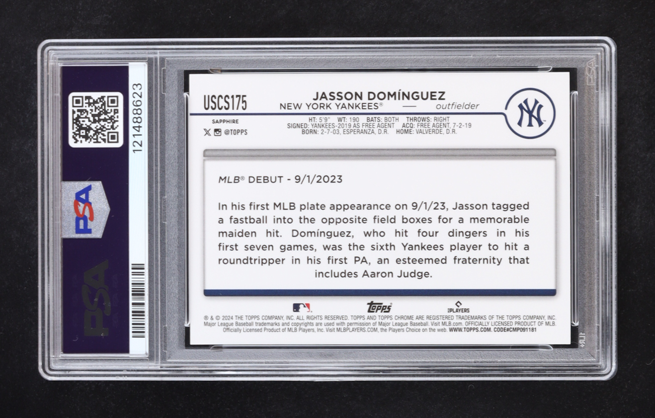 Jasson Dominguez 2024 Topps Chrome Sapphire Update Gold #175 RC #9/50 (PSA 9) at PristineAuction.com Jasson Dominguez 2024 Topps Chrome Sapphire Update Gold #175 RC #9/50 (PSA 9) at PristineAuction.com