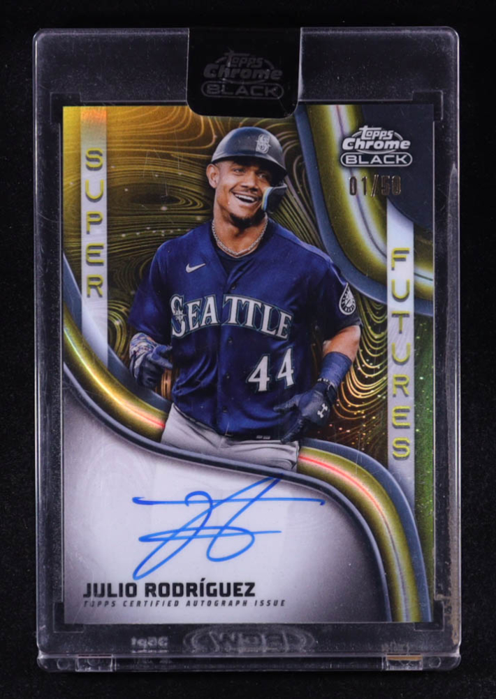 Julio Rodriguez 2023 Topps Chrome Black Super Futures Autographs Gold Refractors #SFAJR #01/50