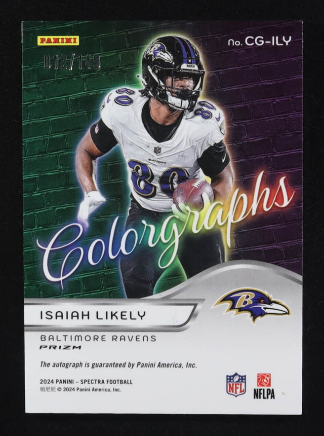Isaiah Likely 2024 Panini Spectra Colorgraphs Prizm Autographs #CG-ILY #012/149 at PristineAuction.com Isaiah Likely 2024 Panini Spectra Colorgraphs Prizm Autographs #CG-ILY #012/149 at PristineAuction.com