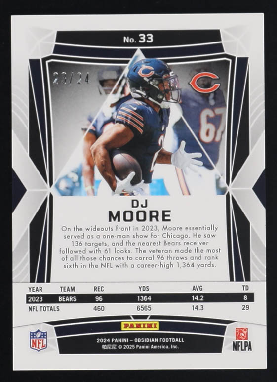 D.J. Moore 2024 Panini Obsidian International Orange Mosaic #33 #23/24 at PristineAuction.com D.J. Moore 2024 Panini Obsidian International Orange Mosaic #33 #23/24 at PristineAuction.com