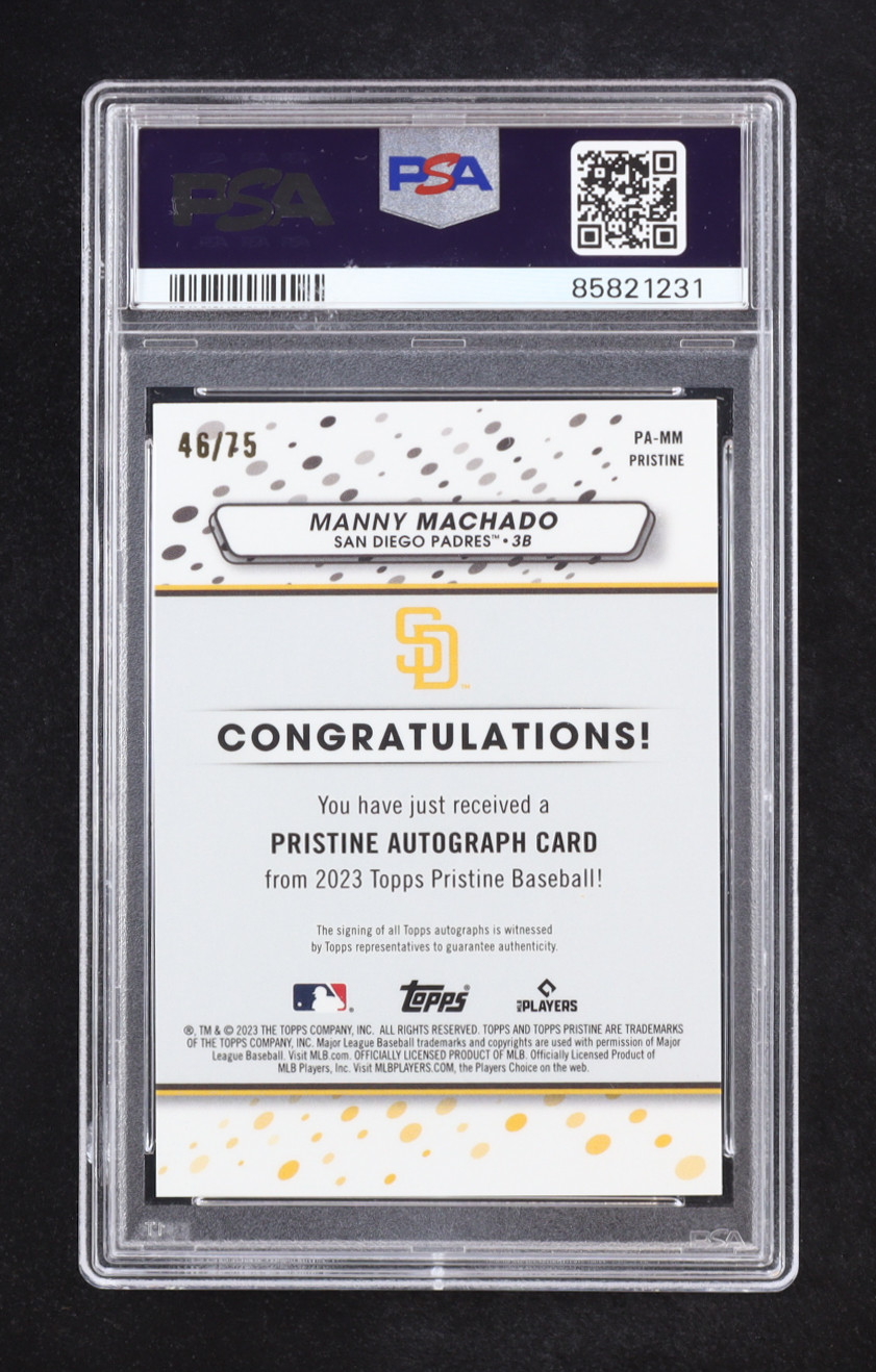 Manny Machado 2023 Topps Pristine Autograph Blue #PAMM #46/75 (PSA 10) at PristineAuction.com Manny Machado 2023 Topps Pristine Autograph Blue #PAMM #46/75 (PSA 10) at PristineAuction.com