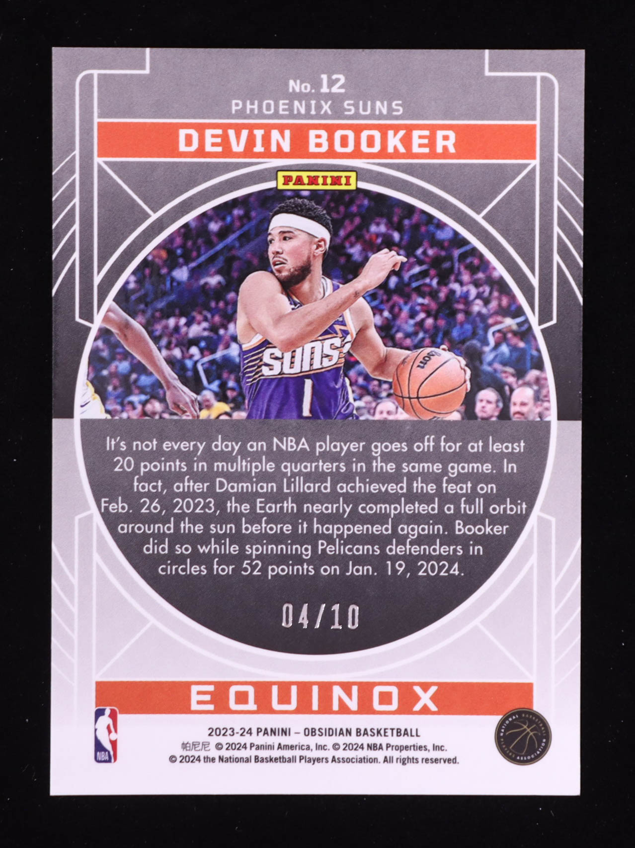 Devin Booker 2023-24 Panini Obsidian Equinox Electric Etch Molten Mojo #12 #04/10 at PristineAuction.com Devin Booker 2023-24 Panini Obsidian Equinox Electric Etch Molten Mojo #12 #04/10 at PristineAuction.com