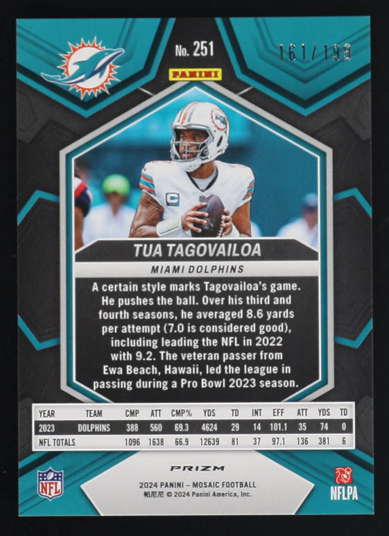 Tua Tagovailoa 2024 Panini Mosaic Mosaic Orange NP #251 #161/199 at PristineAuction.com Tua Tagovailoa 2024 Panini Mosaic Mosaic Orange NP #251 #161/199 at PristineAuction.com