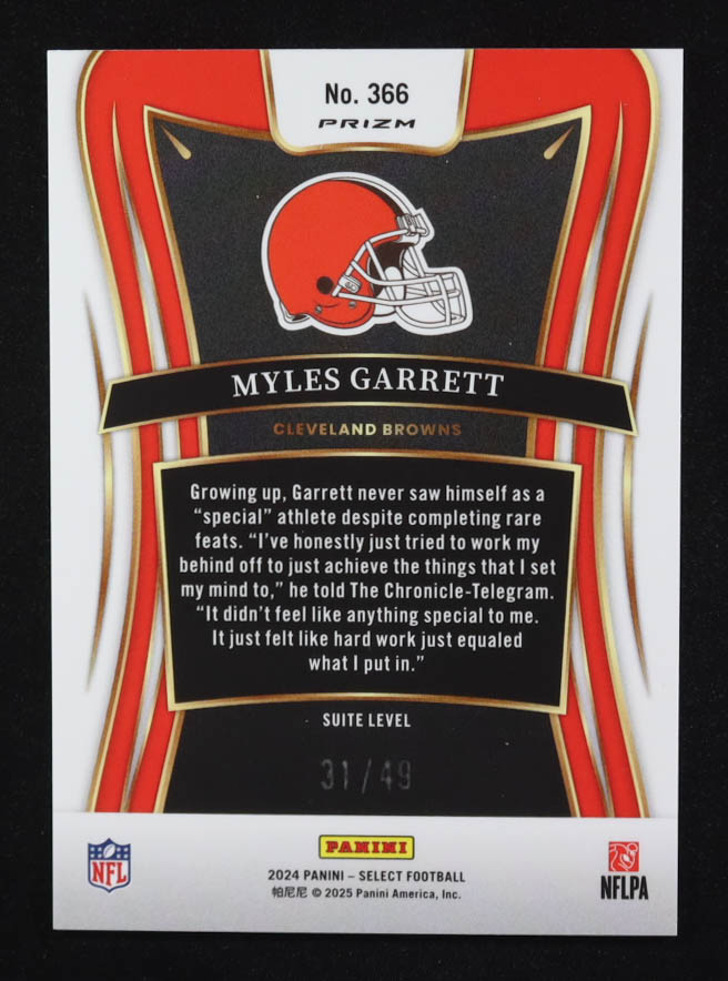 Myles Garrett 2024 Panini Select Suite Level Red Prizm #366 #31/49 at PristineAuction.com Myles Garrett 2024 Panini Select Suite Level Red Prizm #366 #31/49 at PristineAuction.com