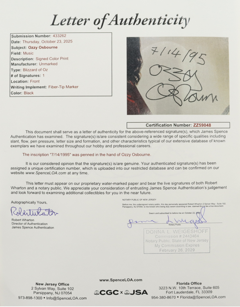 Ozzy Osbourne Signed 9x10 "Blizzard of Oz" CD Insert Reprint Inscribed "7/14/95" (JSA) at PristineAuction.com Ozzy Osbourne Signed 9x10 "Blizzard of Oz" CD Insert Reprint Inscribed "7/14/95" (JSA) at PristineAuction.com