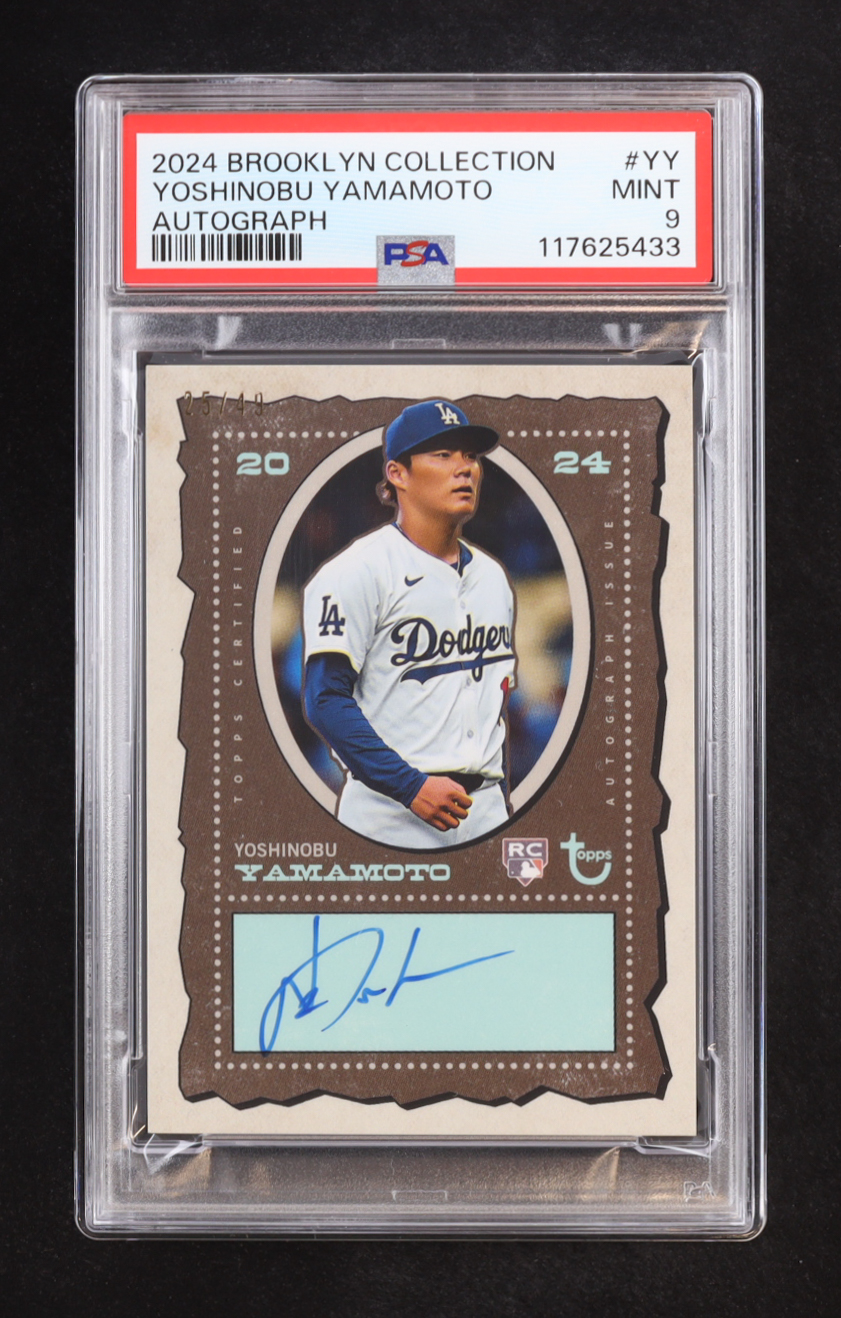 Yoshinobu Yamamoto 2024 Topps Brooklyn Collection Autograph #YY RC #25/49 (PSA 9) at PristineAuction.com Yoshinobu Yamamoto 2024 Topps Brooklyn Collection Autograph #YY RC #25/49 (PSA 9) at PristineAuction.com