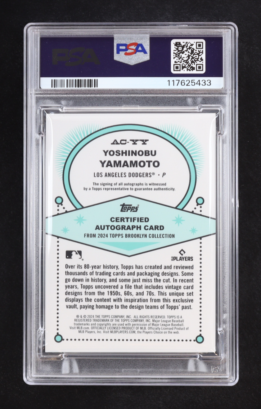 Yoshinobu Yamamoto 2024 Topps Brooklyn Collection Autograph #YY RC #25/49 (PSA 9) at PristineAuction.com Yoshinobu Yamamoto 2024 Topps Brooklyn Collection Autograph #YY RC #25/49 (PSA 9) at PristineAuction.com